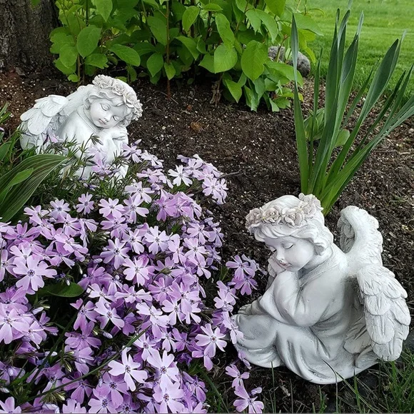 NEW Happy Compost Garden Angel Cherub Statue Figurines Solar Light Halo Set of 2 - Picture 6 of 9